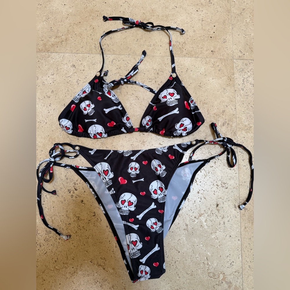 Skull and Heart Black Bikini Set